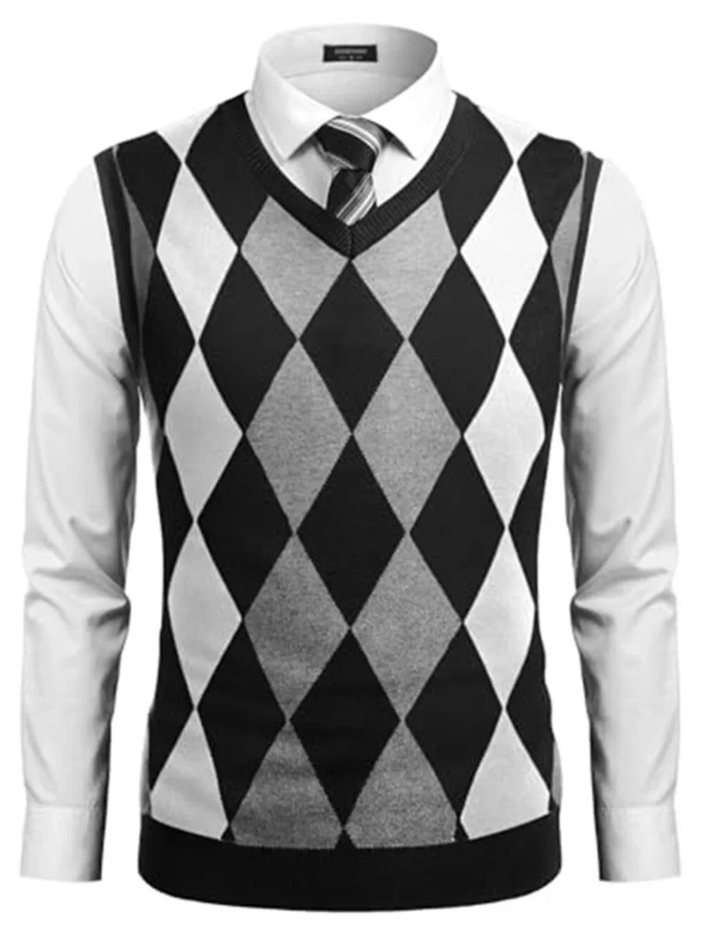 Men's Sleeveless V Neck Pullover Sweater Slim Fit Casual Argyle Vest
